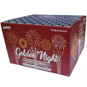 Verbundfeuerwerk Golden Night (PP-VB-30-100-03S) von Pulver mit 100-Schuss, 65 Sekunden Laufzeit und 2500 Gramm NEM der Kategorie F2 online kaufen und bestellen im Feuerwerk-Shop Funkelfun. Günstiger Feuerwerkshop für Silvester. Hier Angebot sichern!