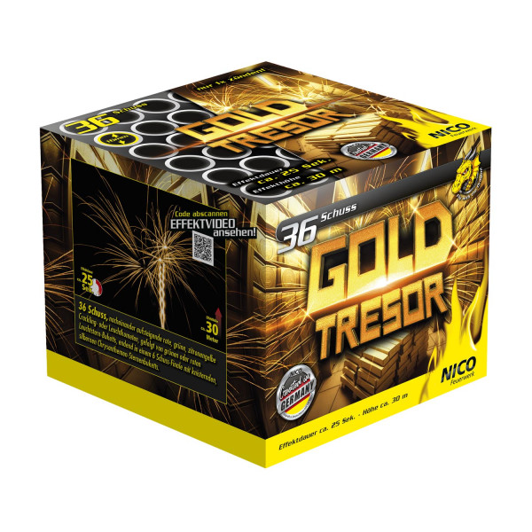 Batteriefeuerwerk Goldtresor (50246) von Nico mit 36-Schuss, 20 Sekunden Laufzeit und 144 Gramm NEM der Kategorie F2 online kaufen und bestellen im Feuerwerk-Shop Funkelfun. Günstiger Feuerwerkshop für Silvester. Hier Angebot sichern!