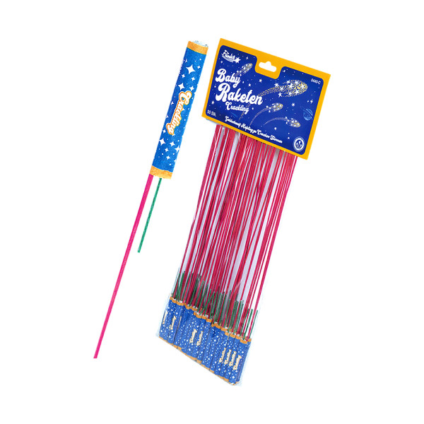 Raketen Baby-Raketen Crackling (0440-C) von Funke mit 50-Schuss, 5 Sekunden Laufzeit und 23 Gramm NEM der Kategorie F2 online kaufen und bestellen im Feuerwerk-Shop Funkelfun. Günstiger Feuerwerkshop für Silvester. Hier Angebot sichern!