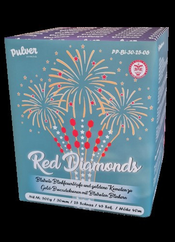 Batteriefeuerwerk Red Diamonds (PP-BI-30-25-06) von Pulver mit 25-Schuss, 45 Sekunden Laufzeit und 500 Gramm NEM der Kategorie F2 online kaufen und bestellen im Feuerwerk-Shop Funkelfun. Günstiger Feuerwerkshop für Silvester. Hier Angebot sichern!