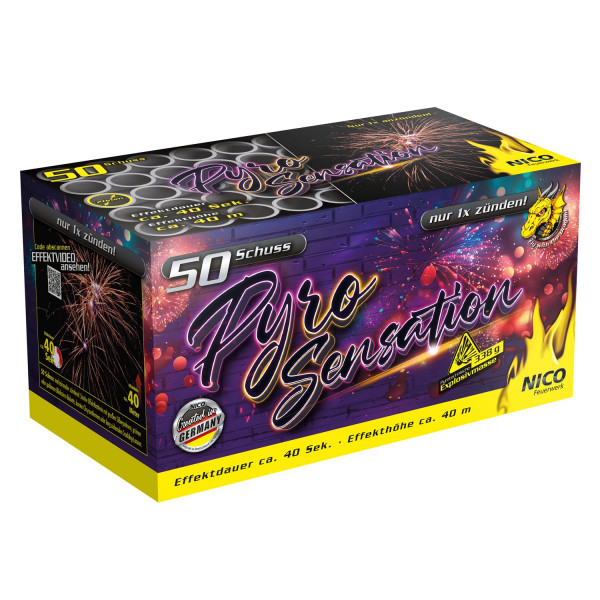 Batteriefeuerwerk Pyro Sensation (51070) von Nico mit 50-Schuss, 40 Sekunden Laufzeit und 338 Gramm NEM der Kategorie F2 online kaufen und bestellen im Feuerwerk-Shop Funkelfun. Günstiger Feuerwerkshop für Silvester. Hier Angebot sichern!
