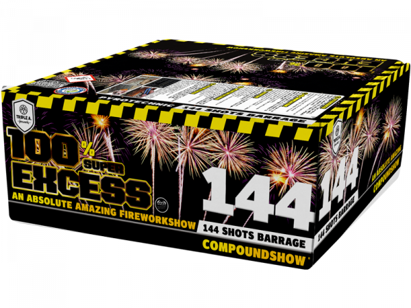 Verbundfeuerwerk Excess (7750) von Wolff mit 144-Schuss, 125 Sekunden Laufzeit und 1498 Gramm NEM der Kategorie F2 online kaufen und bestellen im Feuerwerk-Shop Funkelfun. Günstiger Feuerwerkshop für Silvester. Hier Angebot sichern!