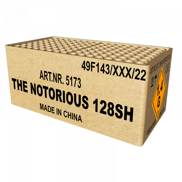 Verbundfeuerwerk The Notorious (5173) von Broekhoff mit 128-Schuss, 50 Sekunden Laufzeit und 0 Gramm NEM der Kategorie F2 online kaufen und bestellen im Feuerwerk-Shop Funkelfun. Günstiger Feuerwerkshop für Silvester. Hier Angebot sichern!