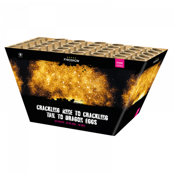 Batteriefeuerwerk Fan-Shape: Crackling Mine to Crackling Tail to Dragon Eggs (2810) von Broekhoff mit 35-Schuss, 18 Sekunden Laufzeit und 497 Gramm NEM der Kategorie F2 online kaufen und bestellen im Feuerwerk-Shop Funkelfun. Günstiger Feuerwerkshop für S