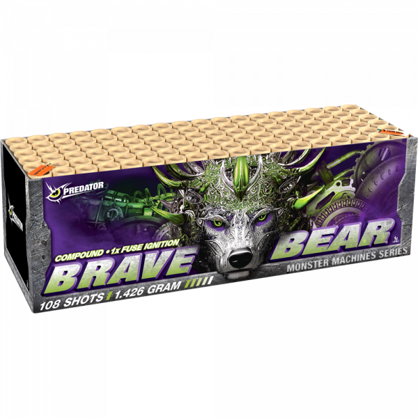 Verbundfeuerwerk Brave Bear (04452) von Lesli mit 108-Schuss, 74 Sekunden Laufzeit und 1426 Gramm NEM der Kategorie F2 online kaufen und bestellen im Feuerwerk-Shop Funkelfun. Günstiger Feuerwerkshop für Silvester. Hier Angebot sichern!