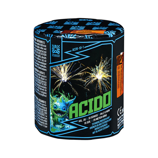 Batteriefeuerwerk Acido (AC20-10-1) von Funke mit 10-Schuss, 15 Sekunden Laufzeit und 84,2 Gramm NEM der Kategorie F2 online kaufen und bestellen im Feuerwerk-Shop Funkelfun. Günstiger Feuerwerkshop für Silvester. Hier Angebot sichern!