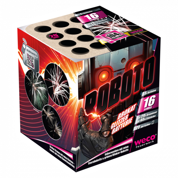 Batteriefeuerwerk Roboto (340016) von Weco mit 16-Schuss, 20 Sekunden Laufzeit und 104 Gramm NEM der Kategorie F2 online kaufen und bestellen im Feuerwerk-Shop Funkelfun. Günstiger Feuerwerkshop für Silvester. Hier Angebot sichern!