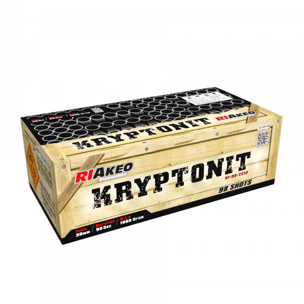 Verbundfeuerwerk Riakeo Kryptonit (HF-98-2212) von Riakeo Fireworks mit 98-Schuss, 70 Sekunden Laufzeit und 1944 Gramm NEM der Kategorie F2 online kaufen und bestellen im Feuerwerk-Shop Funkelfun. Günstiger Feuerwerkshop für Silvester. Angebot sichern!