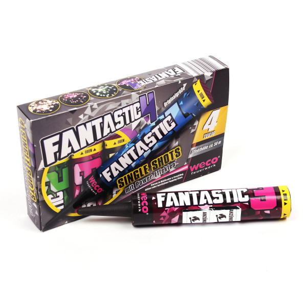 Bombenrohr Fantastic 4 (2901N) von Weco mit 4-Schuss, 2 Sekunden Laufzeit und 64 Gramm NEM der Kategorie F2 online kaufen und bestellen im Feuerwerk-Shop Funkelfun. Günstiger Feuerwerkshop für Silvester. Hier Angebot sichern!
