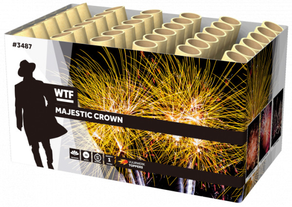 Batteriefeuerwerk Majestic Crown (3487) von WTF! mit 36-Schuss, 20 Sekunden Laufzeit und 420 Gramm NEM der Kategorie F2 online kaufen und bestellen im Feuerwerk-Shop Funkelfun. Günstiger Feuerwerkshop für Silvester. Hier Angebot sichern!