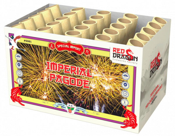 Batteriefeuerwerk Imperial Pagode (6081) von WTF! mit 25-Schuss, 10 Sekunden Laufzeit und 359 Gramm NEM der Kategorie F2 online kaufen und bestellen im Feuerwerk-Shop Funkelfun. Günstiger Feuerwerkshop für Silvester. Hier Angebot sichern!