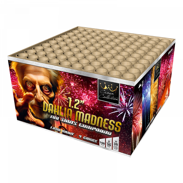 Verbundfeuerwerk 1.2 Dahlia Madness (1184) von Broekhoff mit 100-Schuss, Sekunden Laufzeit und 1200 Gramm NEM der Kategorie F2 online kaufen und bestellen im Feuerwerk-Shop Funkelfun. Günstiger Feuerwerkshop für Silvester. Hier Angebot sichern!