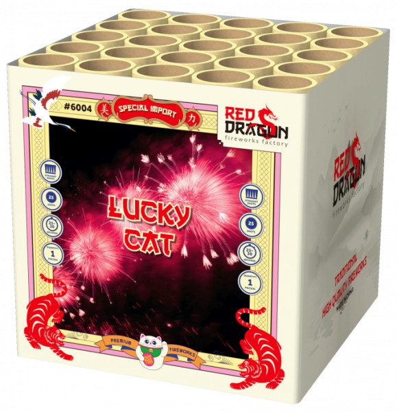 Batteriefeuerwerk Lucky Cat (6004) von WTF! mit 25-Schuss, 30 Sekunden Laufzeit und 158 Gramm NEM der Kategorie F2 online kaufen und bestellen im Feuerwerk-Shop Funkelfun. Günstiger Feuerwerkshop für Silvester. Hier Angebot sichern!
