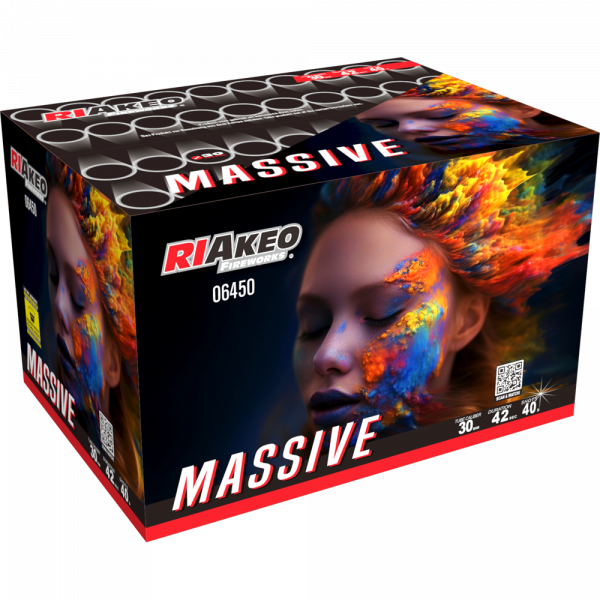 Batteriefeuerwerk Massive (6450) von Riakeo Fireworks mit 40-Schuss, 40 Sekunden Laufzeit und 844 Gramm NEM der Kategorie F2 online kaufen und bestellen im Feuerwerk-Shop Funkelfun. Günstiger Feuerwerkshop für Silvester. Hier Angebot sichern!