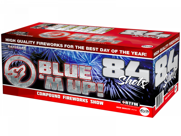 'Verbundfeuerwerk Blue ''m Up (6606) von Wolff mit 84-Schuss, 30 Sekunden Laufzeit und 1000 Gramm NEM der Kategorie F2 online kaufen und bestellen im Feuerwerk-Shop Funkelfun. Günstiger Feuerwerkshop für Silvester. Hier Angebot sichern!'