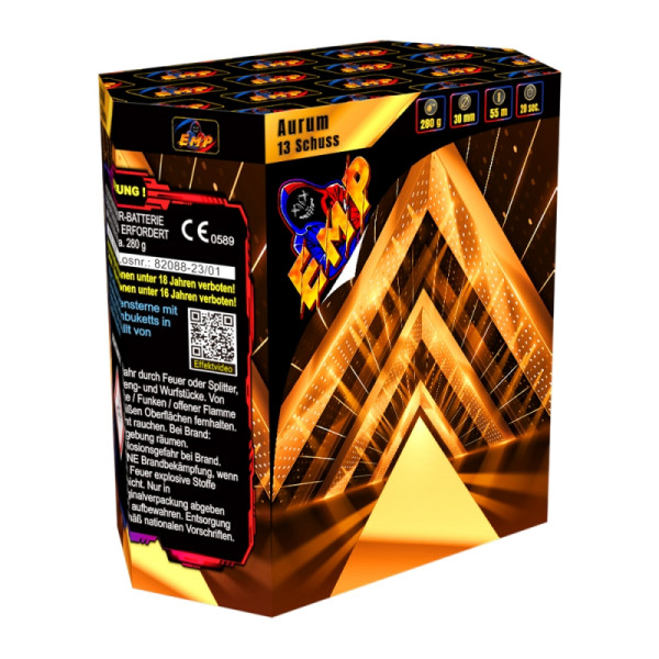 Batteriefeuerwerk Aurum (82088) von EMP mit 13-Schuss, 20 Sekunden Laufzeit und 280 Gramm NEM der Kategorie F2 online kaufen und bestellen im Feuerwerk-Shop Funkelfun. Günstiger Feuerwerkshop für Silvester. Hier Angebot sichern!