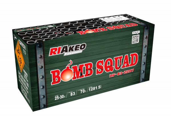 Batteriefeuerwerk Riakeo Bomb Squad (HF-83-2207) von Riakeo Fireworks mit 83-Schuss, 70 Sekunden Laufzeit und 1281,5 Gramm NEM der Kategorie F2 online kaufen und bestellen im Feuerwerk-Shop Funkelfun. Günstiger Feuerwerkshop für Silvester. Hier Angebot si