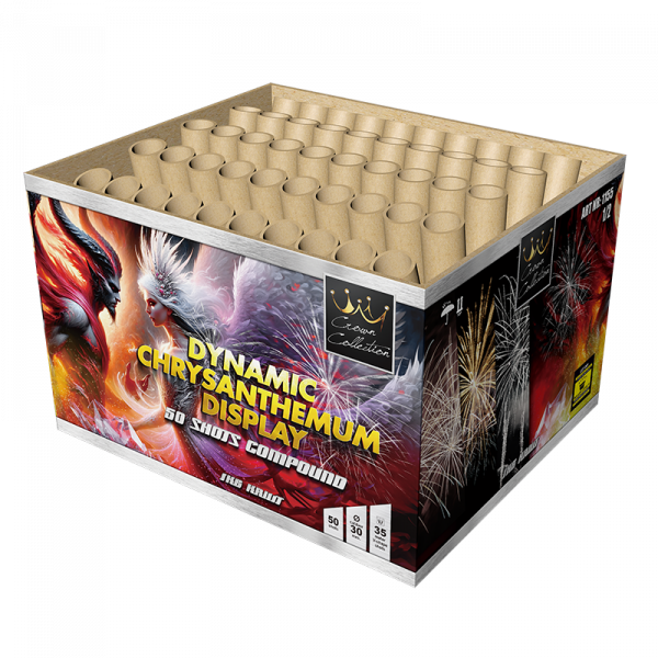 Verbundfeuerwerk Dynamic Chrysanthemum Display (1155) von Broekhoff mit 50-Schuss, 15 Sekunden Laufzeit und 998 Gramm NEM der Kategorie F2 online kaufen und bestellen im Feuerwerk-Shop Funkelfun. Günstiger Feuerwerkshop für Silvester. Hier Angebot sichern