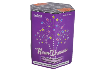 Batteriefeuerwerk Neon Dreams (PP-BI-30-19-04) von Pulver mit 19-Schuss, 38 Sekunden Laufzeit und 361 Gramm NEM der Kategorie F2 online kaufen und bestellen im Feuerwerk-Shop Funkelfun. Günstiger Feuerwerkshop für Silvester. Hier Angebot sichern!