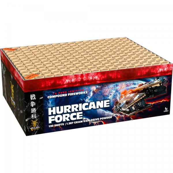 Verbundfeuerwerk Hurricane Force (04850) von Lesli mit 192-Schuss, 89 Sekunden Laufzeit und 1267 Gramm NEM der Kategorie F2 online kaufen und bestellen im Feuerwerk-Shop Funkelfun. Günstiger Feuerwerkshop für Silvester. Hier Angebot sichern!