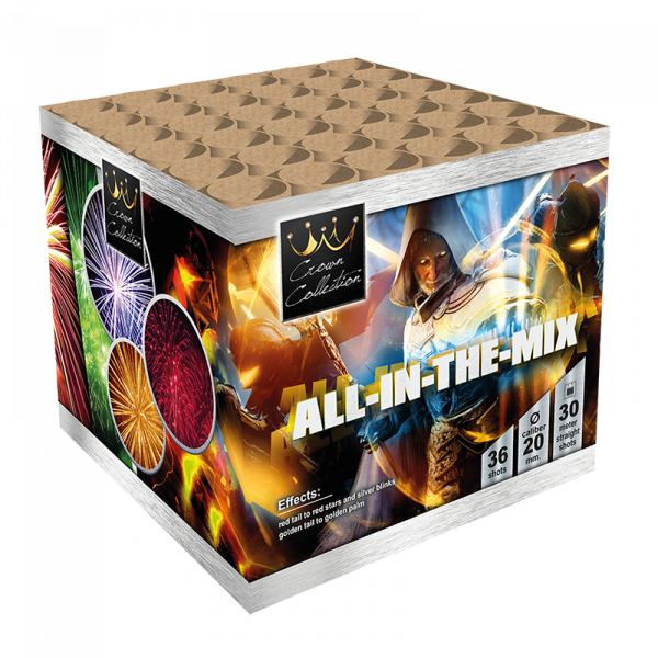 Batteriefeuerwerk All-in-the-Mix (0538) von Broekhoff mit 36-Schuss, 30 Sekunden Laufzeit und 356 Gramm NEM der Kategorie F2 online kaufen und bestellen im Feuerwerk-Shop Funkelfun. Günstiger Feuerwerkshop für Silvester. Hier Angebot sichern!
