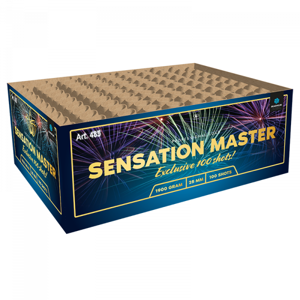 Verbundfeuerwerk Sensation Master (0485) von Broekhoff mit 100-Schuss, 75 Sekunden Laufzeit und 1900 Gramm NEM der Kategorie F2 online kaufen und bestellen im Feuerwerk-Shop Funkelfun. Günstiger Feuerwerkshop für Silvester. Hier Angebot sichern!