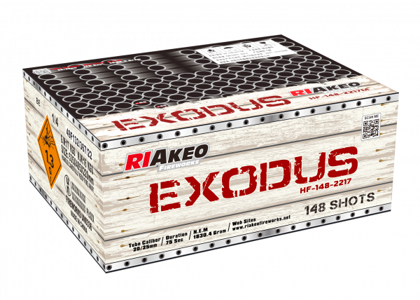 Verbundfeuerwerk Riakeo Exodus (HF-148-2217) von Riakeo Fireworks mit 148-Schuss, 75 Sekunden Laufzeit und 1830,4 Gramm NEM der Kategorie F2 online kaufen und bestellen im Feuerwerk-Shop Funkelfun. Günstiger Feuerwerkshop für Silvester. Hier Angebot siche