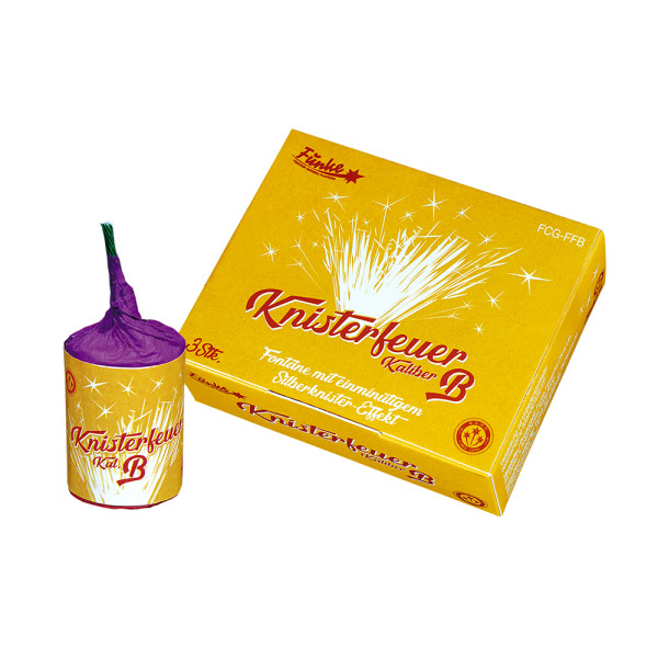Fontäne Knisterfeuer Kaliber B (FCG-FFB) von Funke mit 3-Schuss, 60 Sekunden Laufzeit und 105 Gramm NEM der Kategorie F2 online kaufen und bestellen im Feuerwerk-Shop Funkelfun. Günstiger Feuerwerkshop für Silvester. Hier Angebot sichern!