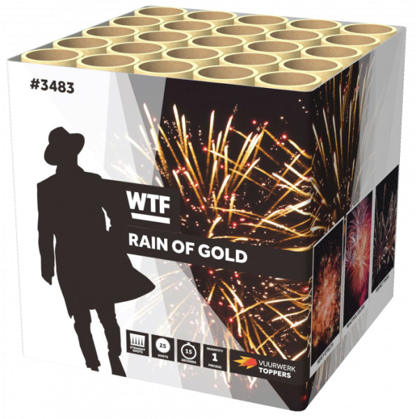 Batteriefeuerwerk Rain of Gold (3483) von WTF! mit 25-Schuss, 15 Sekunden Laufzeit und 365 Gramm NEM der Kategorie F2 online kaufen und bestellen im Feuerwerk-Shop Funkelfun. Günstiger Feuerwerkshop für Silvester. Hier Angebot sichern!