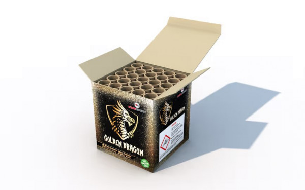 Batteriefeuerwerk Golden Dragon (CB70-004-22) von FireEvent mit 25-Schuss, 40 Sekunden Laufzeit und 288 Gramm NEM der Kategorie F2 online kaufen und bestellen im Feuerwerk-Shop Funkelfun. Günstiger Feuerwerkshop für Silvester. Hier Angebot sichern!
