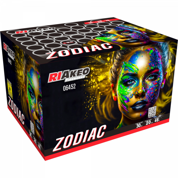 Batteriefeuerwerk Zodiac (6452) von Riakeo Fireworks mit 48-Schuss, 20 Sekunden Laufzeit und 998 Gramm NEM der Kategorie F2 online kaufen und bestellen im Feuerwerk-Shop Funkelfun. Günstiger Feuerwerkshop für Silvester. Hier Angebot sichern!