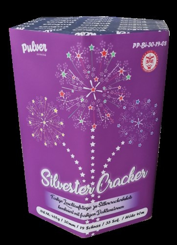 Batteriefeuerwerk Silvester Cracker (PP-BI-30-19-08) von Pulver mit 19-Schuss, 35 Sekunden Laufzeit und 465 Gramm NEM der Kategorie F2 online kaufen und bestellen im Feuerwerk-Shop Funkelfun. Günstiger Feuerwerkshop für Silvester. Hier Angebot sichern!