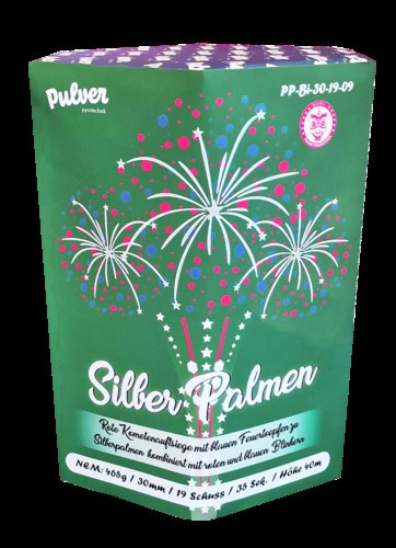 Batteriefeuerwerk Silber Palmen (PP-BI-30-19-09) von Pulver mit 19-Schuss, 35 Sekunden Laufzeit und 465 Gramm NEM der Kategorie F2 online kaufen und bestellen im Feuerwerk-Shop Funkelfun. Günstiger Feuerwerkshop für Silvester. Hier Angebot sichern!