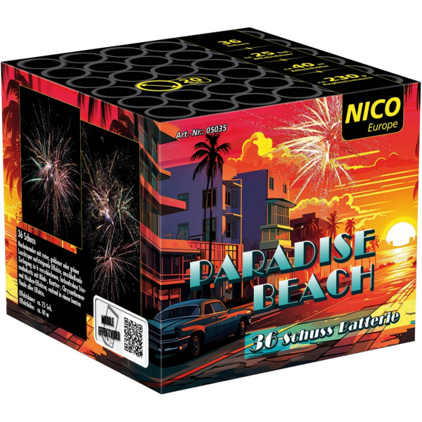 Batteriefeuerwerk Paradise Beach (05035) von Nico mit 36-Schuss, 40 Sekunden Laufzeit und 231 Gramm NEM der Kategorie F2 online kaufen und bestellen im Feuerwerk-Shop Funkelfun. Günstiger Feuerwerkshop für Silvester. Hier Angebot sichern!