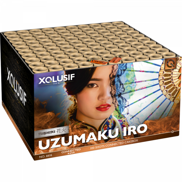 Verbundfeuerwerk Uzumaku Iro (6616) von Lesli mit 100-Schuss, 50 Sekunden Laufzeit und 1984,8 Gramm NEM der Kategorie F2 online kaufen und bestellen im Feuerwerk-Shop Funkelfun. Günstiger Feuerwerkshop für Silvester. Hier Angebot sichern!