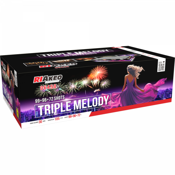 Verbundfeuerwerk Triple Melody (6458) von Riakeo Fireworks mit 267-Schuss, 105 Sekunden Laufzeit und 5286 Gramm NEM der Kategorie F2 online kaufen und bestellen im Feuerwerk-Shop Funkelfun. Günstiger Feuerwerkshop für Silvester. Hier Angebot sichern!