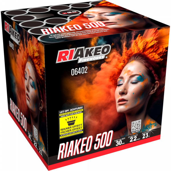 Batteriefeuerwerk Riakeo 500 (6402) von Riakeo Fireworks mit 23-Schuss, 22 Sekunden Laufzeit und 445 Gramm NEM der Kategorie F2 online kaufen und bestellen im Feuerwerk-Shop Funkelfun. Günstiger Feuerwerkshop für Silvester. Hier Angebot sichern!