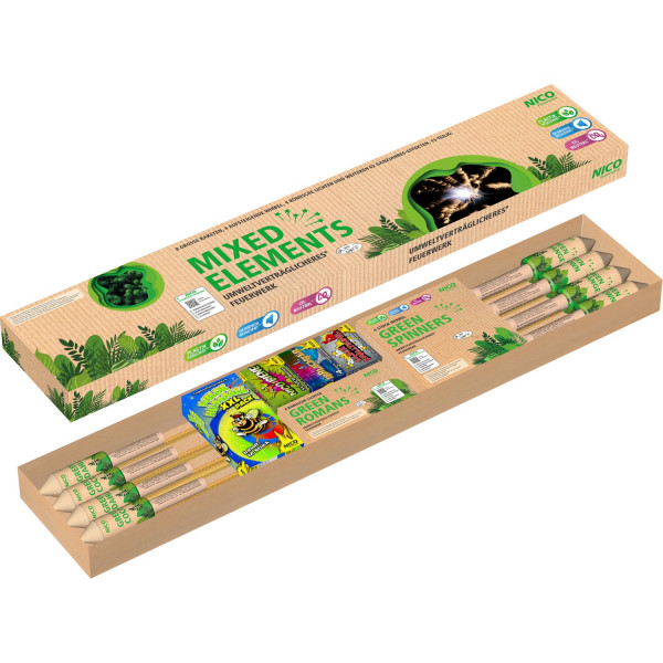 Familiensortiment Mixed Elements, Mix-Sortiment (59500) von Nico mit -Schuss, Sekunden Laufzeit und 185 Gramm NEM der Kategorie F2 online kaufen und bestellen im Feuerwerk-Shop Funkelfun. Günstiger Feuerwerkshop für Silvester. Hier Angebot sichern!