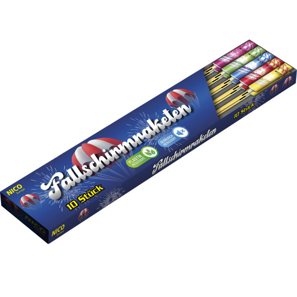 Raketen Fallschirm-Rakete (02215) von Nico mit 10-Schuss, Sekunden Laufzeit und 103 Gramm NEM der Kategorie F2 online kaufen und bestellen im Feuerwerk-Shop Funkelfun. Günstiger Feuerwerkshop für Silvester. Hier Angebot sichern!