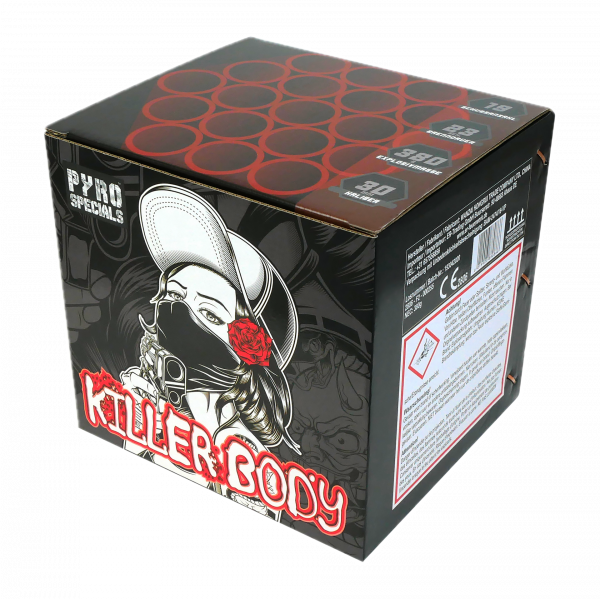 Batteriefeuerwerk Killer Body (ER-19-30-4) von Pyro Specials mit 19-Schuss, 30 Sekunden Laufzeit und 380 Gramm NEM der Kategorie F2 online kaufen und bestellen im Feuerwerk-Shop Funkelfun. Günstiger Feuerwerkshop für Silvester. Hier Angebot sichern!