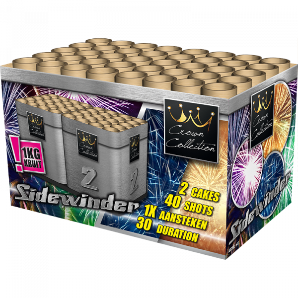 Batteriefeuerwerk Sidewinder (641) von Broekhoff mit 40-Schuss, 30 Sekunden Laufzeit und 970 Gramm NEM der Kategorie F2 online kaufen und bestellen im Feuerwerk-Shop Funkelfun. Günstiger Feuerwerkshop für Silvester. Hier Angebot sichern!