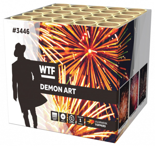 Batteriefeuerwerk Demon Art (3446) von WTF! mit 25-Schuss, 30 Sekunden Laufzeit und 171 Gramm NEM der Kategorie F2 online kaufen und bestellen im Feuerwerk-Shop Funkelfun. Günstiger Feuerwerkshop für Silvester. Hier Angebot sichern!