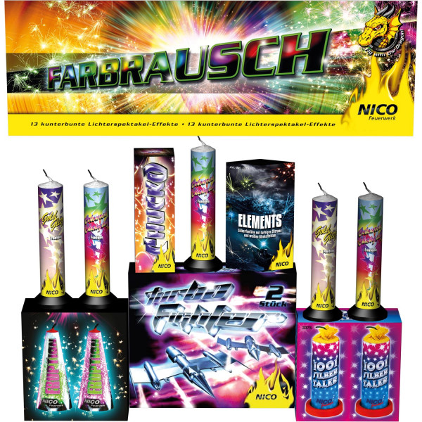 Leuchtsortiment Farbrausch (53518) von Nico mit -Schuss, Sekunden Laufzeit und 222 Gramm NEM der Kategorie F2 online kaufen und bestellen im Feuerwerk-Shop Funkelfun. Günstiger Feuerwerkshop für Silvester. Hier Angebot sichern!