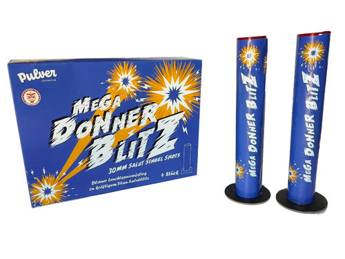 Bombenrohr Mega Donner Blitz (30mm) (PP-K-SAS-30) von Pulver mit 4-Schuss, 5 Sekunden Laufzeit und 80 Gramm NEM der Kategorie F2 online kaufen und bestellen im Feuerwerk-Shop Funkelfun. Günstiger Feuerwerkshop für Silvester. Hier Angebot sichern!