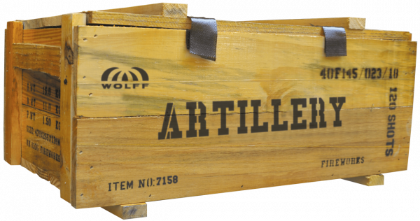 Verbundfeuerwerk Artillery (inkl. Holzkiste) (7158) von Wolff mit 120-Schuss, 85 Sekunden Laufzeit und 1500 Gramm NEM der Kategorie F2 online kaufen und bestellen im Feuerwerk-Shop Funkelfun. Günstiger Feuerwerkshop für Silvester. Hier Angebot sichern!