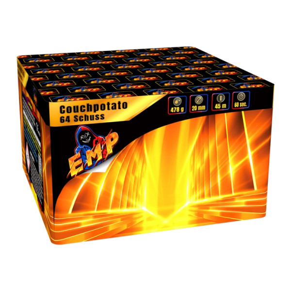 Batteriefeuerwerk Couchpotato (82058) von EMP mit 64-Schuss, 60 Sekunden Laufzeit und 478 Gramm NEM der Kategorie F2 online kaufen und bestellen im Feuerwerk-Shop Funkelfun. Günstiger Feuerwerkshop für Silvester. Hier Angebot sichern!