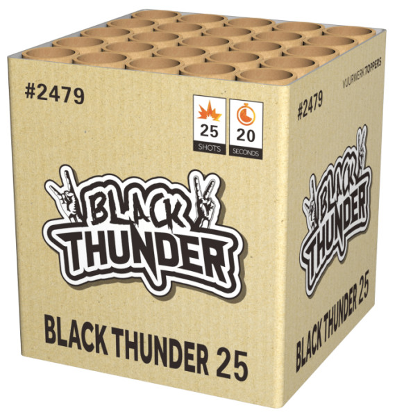 Batteriefeuerwerk Black Thunder 25 (2479) von WTF! mit 25-Schuss, 20 Sekunden Laufzeit und 88 Gramm NEM der Kategorie F2 online kaufen und bestellen im Feuerwerk-Shop Funkelfun. Günstiger Feuerwerkshop für Silvester. Hier Angebot sichern!
