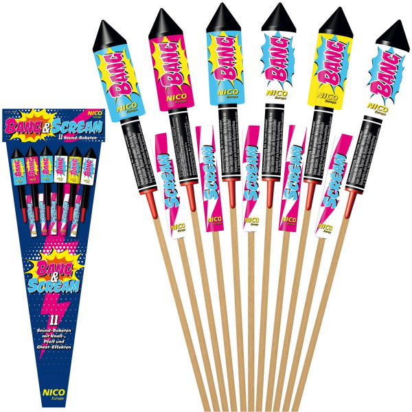 Raketen Bang & Scream (04825) von Nico mit 11-Schuss, 5 Sekunden Laufzeit und 164 Gramm NEM der Kategorie F2 online kaufen und bestellen im Feuerwerk-Shop Funkelfun. Günstiger Feuerwerkshop für Silvester. Hier Angebot sichern!