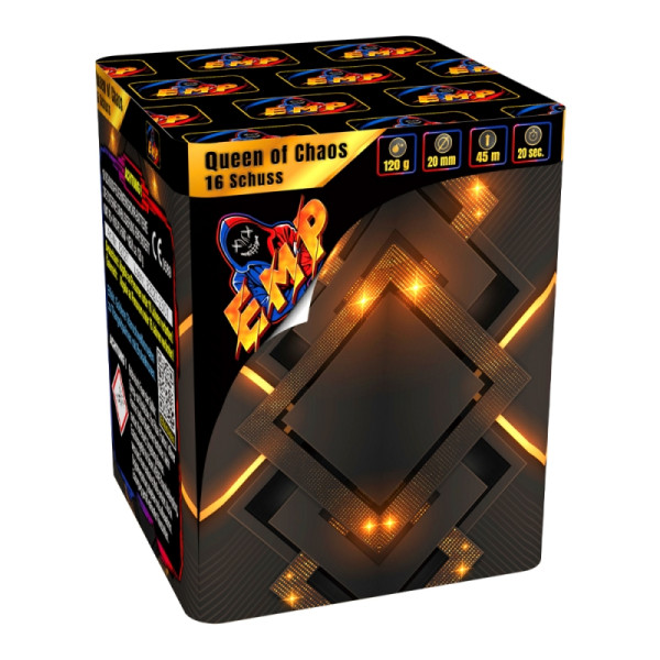 Batteriefeuerwerk Queen of Chaos (82027) von EMP mit 16-Schuss, 20 Sekunden Laufzeit und 120 Gramm NEM der Kategorie F2 online kaufen und bestellen im Feuerwerk-Shop Funkelfun. Günstiger Feuerwerkshop für Silvester. Hier Angebot sichern!