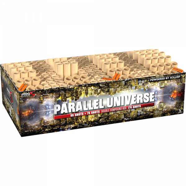 Verbundfeuerwerk Parallel Universe (3915) von Lesli mit 178-Schuss, 70 Sekunden Laufzeit und 2401,3 Gramm NEM der Kategorie F2 online kaufen und bestellen im Feuerwerk-Shop Funkelfun. Günstiger Feuerwerkshop für Silvester. Hier Angebot sichern!